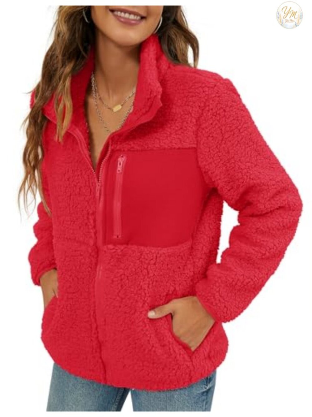 Women's Faux Shearling Shaggy Full Zip Winter Coat with Pockets